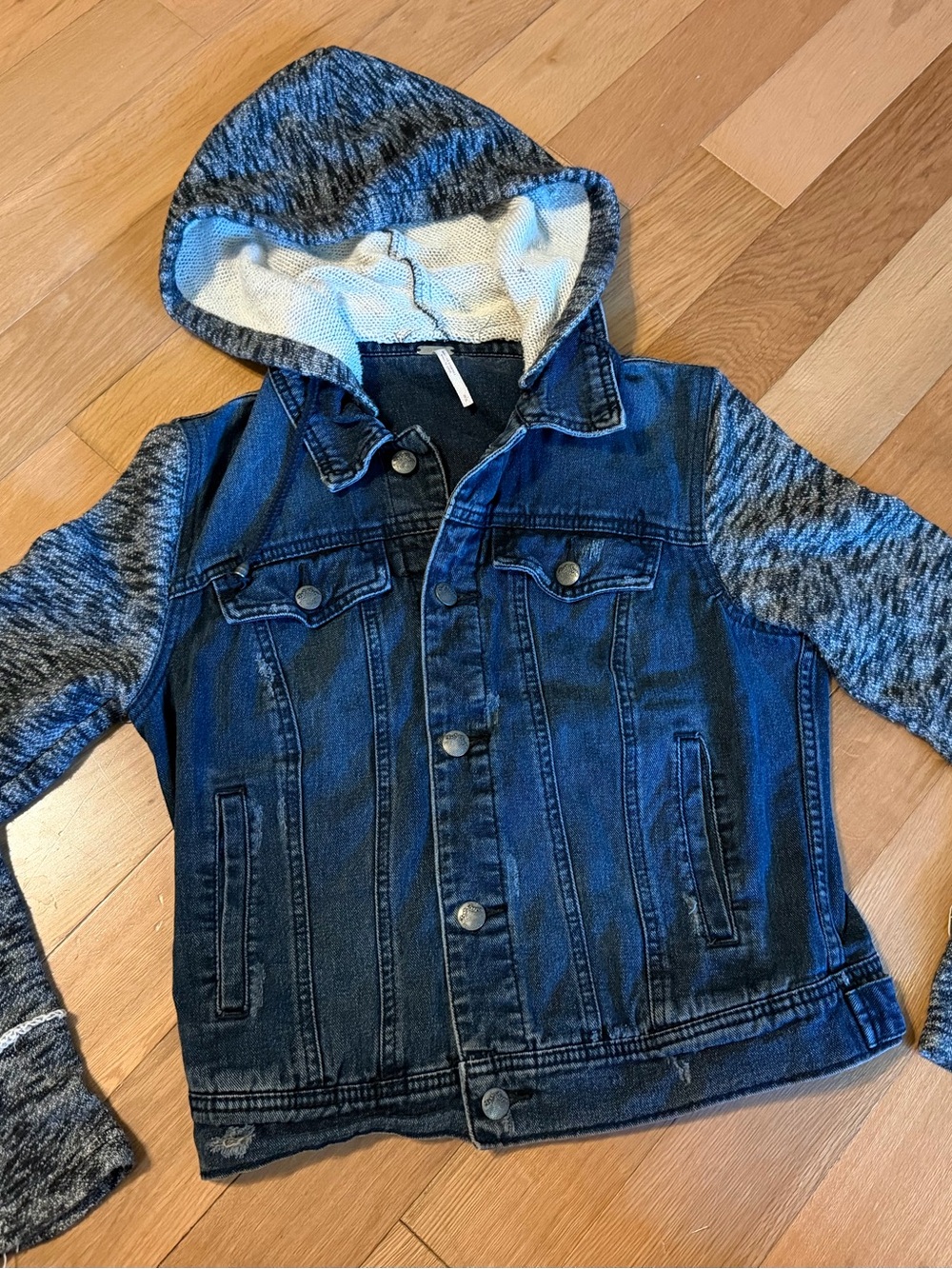 Free People Small Denim Knit Hooded Jacket Distressed